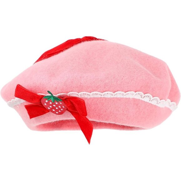 Women Wool Beret Hat Pink Strawberry Bow Winter French Style Cap main image 7